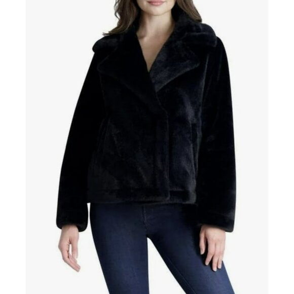 French Connection Black Faux Fur Notched Collar Coat Jacket NEW Large - Picture 2 of 7